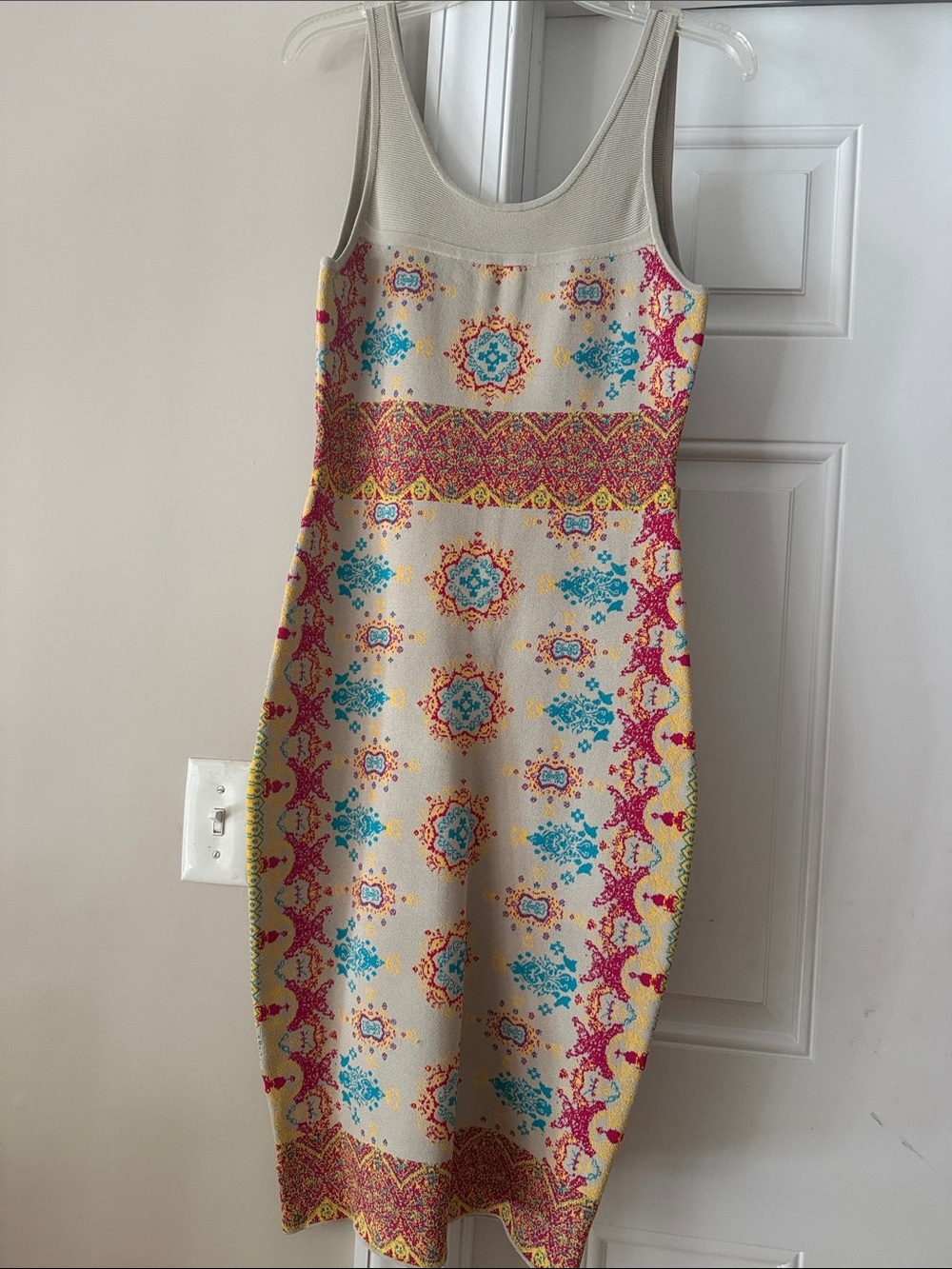 bebe Cream Midi Dress with Pink & Turquoise Medallion Print